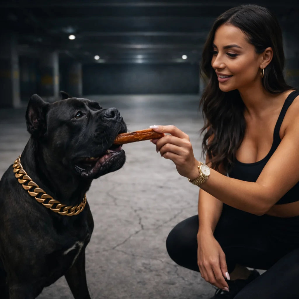 femme qui donne mastication lamelle de viande chien