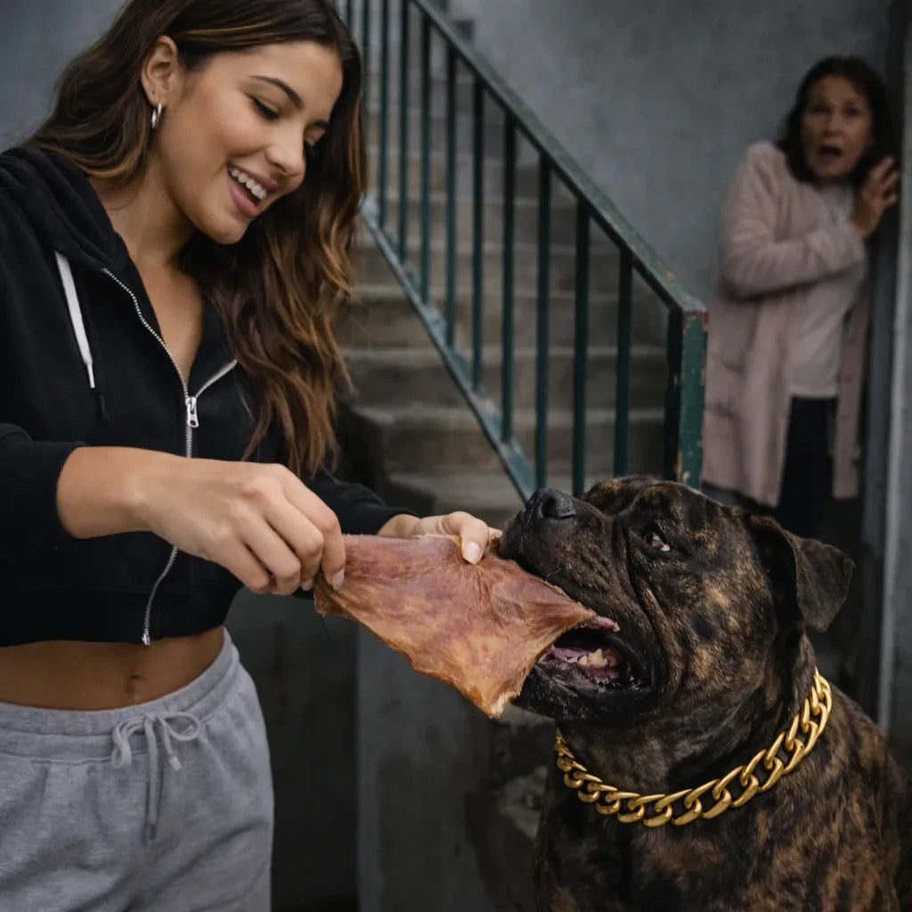 fille qui donne une plaque de peau de bœuf a son chien