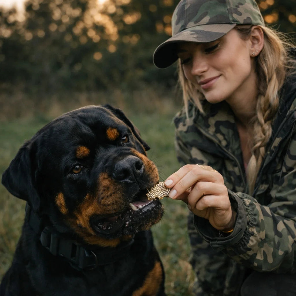 fille qui donne des morceaux de peaux de saumon a son chien